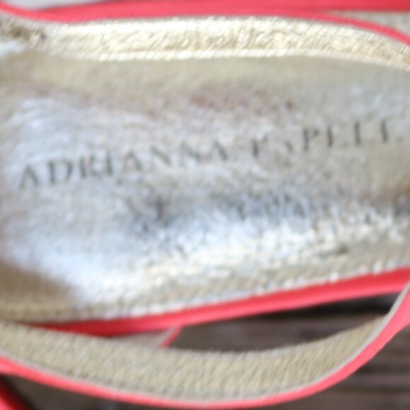 Adrianna Papell Coral & Gold Satin, Leather & Glitter Peep Toe Ankle Strap Heels - Picture 9 of 10